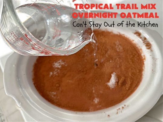 Tropical Trail Mix Overnight Oatmeal | Can't Stay Out of the Kitchen | this luscious #SteelCutOatmeal is fantastic for a family, company or #holiday #breakfast.The #TropicalTrailMix includes #raisins, #pineapple, #papaya, #bananas, #cashews #DriedCranberries & #almonds. Our favorite #Overnight#Oatmeal #recipe. #oatmeal #cinnamon #TropicalTrailMixOvernightOatmeal