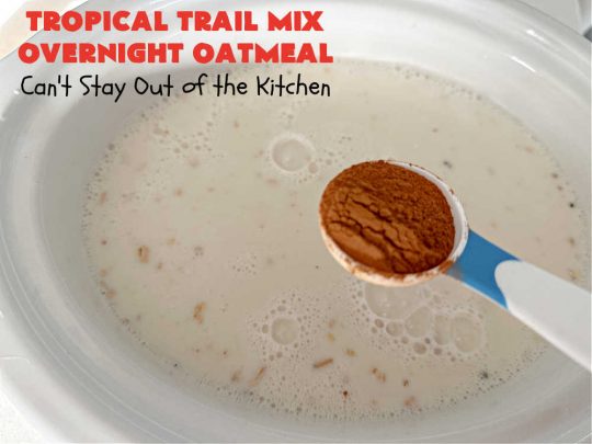 Tropical Trail Mix Overnight Oatmeal | Can't Stay Out of the Kitchen | this luscious #SteelCutOatmeal is fantastic for a family, company or #holiday #breakfast.The #TropicalTrailMix includes #raisins, #pineapple, #papaya, #bananas, #cashews #DriedCranberries & #almonds. Our favorite #Overnight#Oatmeal #recipe. #oatmeal #cinnamon #TropicalTrailMixOvernightOatmeal