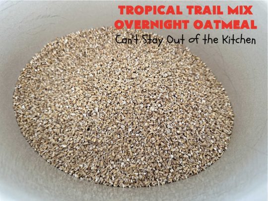 Tropical Trail Mix Overnight Oatmeal | Can't Stay Out of the Kitchen | this luscious #SteelCutOatmeal is fantastic for a family, company or #holiday #breakfast.The #TropicalTrailMix includes #raisins, #pineapple, #papaya, #bananas, #cashews #DriedCranberries & #almonds. Our favorite #Overnight#Oatmeal #recipe. #oatmeal #cinnamon #TropicalTrailMixOvernightOatmeal
