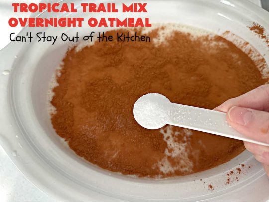 Tropical Trail Mix Overnight Oatmeal | Can't Stay Out of the Kitchen | this luscious #SteelCutOatmeal is fantastic for a family, company or #holiday #breakfast.The #TropicalTrailMix includes #raisins, #pineapple, #papaya, #bananas, #cashews #DriedCranberries & #almonds. Our favorite #Overnight#Oatmeal #recipe. #oatmeal #cinnamon #TropicalTrailMixOvernightOatmeal