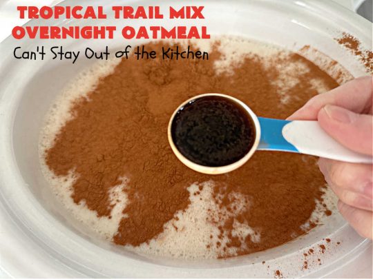 Tropical Trail Mix Overnight Oatmeal | Can't Stay Out of the Kitchen | this luscious #SteelCutOatmeal is fantastic for a family, company or #holiday #breakfast.The #TropicalTrailMix includes #raisins, #pineapple, #papaya, #bananas, #cashews #DriedCranberries & #almonds. Our favorite #Overnight#Oatmeal #recipe. #oatmeal #cinnamon #TropicalTrailMixOvernightOatmeal