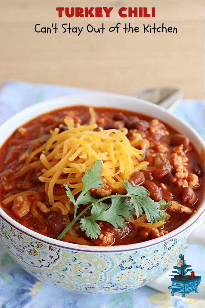 Turkey Chili | Can't Stay Out of the Kitchen | this is a fantastic way to enjoy #chili without excess calories. They #GroundTurkey is flavored from #ChiliPowder, #MixedChiliBeans & #ChipotlePeppersInAdoboSauce. Add #cornbread and you have a meal made in heaven. #chili #TurkeyChili #GlutenFree