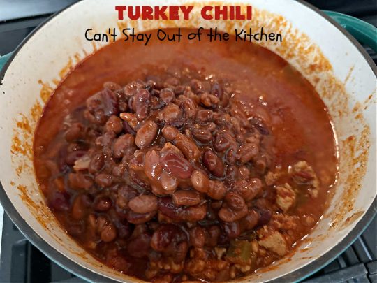 Turkey Chili | Can't Stay Out of the Kitchen | this is a fantastic way to enjoy #chili without excess calories. They #GroundTurkey is flavored from #ChiliPowder, #MixedChiliBeans & #ChipotlePeppersInAdoboSauce. Add #cornbread and you have a meal made in heaven. #chili #TurkeyChili #GlutenFree