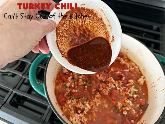 Turkey Chili | Can't Stay Out of the Kitchen | this is a fantastic way to enjoy #chili without excess calories. They #GroundTurkey is flavored from #ChiliPowder, #MixedChiliBeans & #ChipotlePeppersInAdoboSauce. Add #cornbread and you have a meal made in heaven. #chili #TurkeyChili #GlutenFree