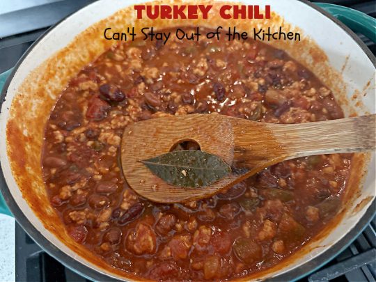 Turkey Chili | Can't Stay Out of the Kitchen | this is a fantastic way to enjoy #chili without excess calories. They #GroundTurkey is flavored from #ChiliPowder, #MixedChiliBeans & #ChipotlePeppersInAdoboSauce. Add #cornbread and you have a meal made in heaven. #chili #TurkeyChili #GlutenFree