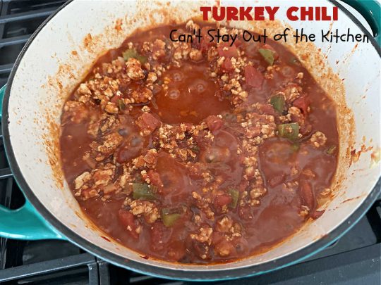 Turkey Chili | Can't Stay Out of the Kitchen | this is a fantastic way to enjoy #chili without excess calories. They #GroundTurkey is flavored from #ChiliPowder, #MixedChiliBeans & #ChipotlePeppersInAdoboSauce. Add #cornbread and you have a meal made in heaven. #chili #TurkeyChili #GlutenFree