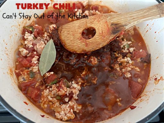 Turkey Chili | Can't Stay Out of the Kitchen | this is a fantastic way to enjoy #chili without excess calories. They #GroundTurkey is flavored from #ChiliPowder, #MixedChiliBeans & #ChipotlePeppersInAdoboSauce. Add #cornbread and you have a meal made in heaven. #chili #TurkeyChili #GlutenFree