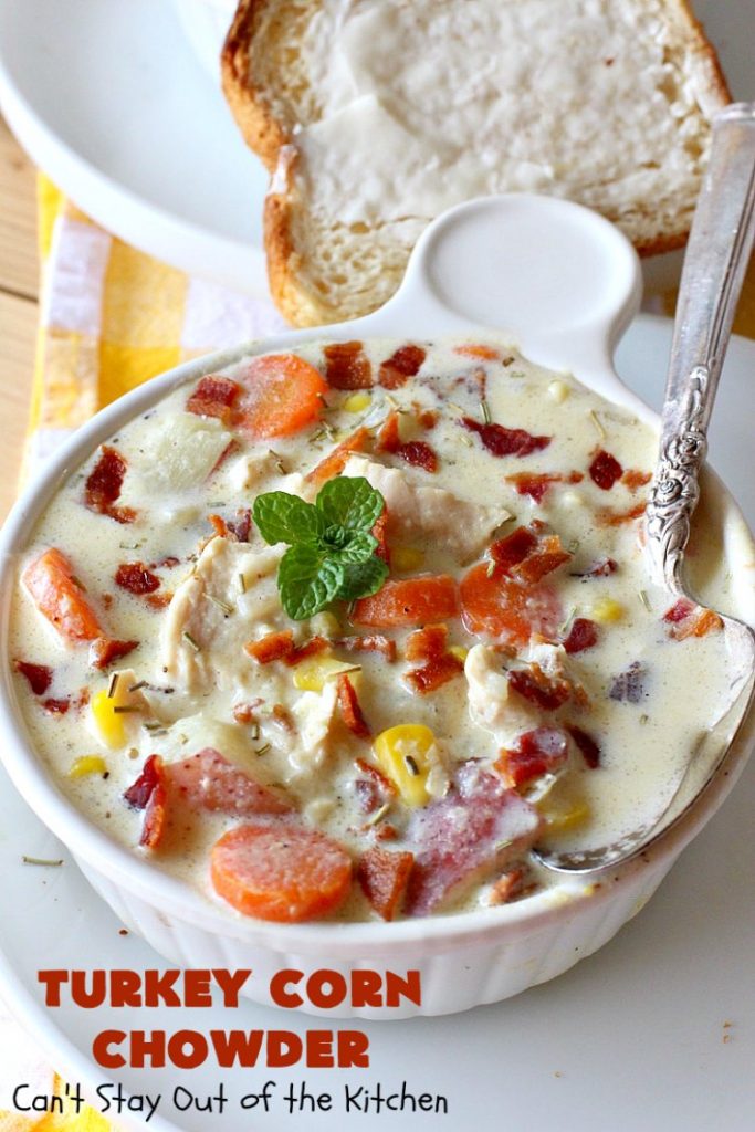 Turkey Corn Chowder | Can't Stay Out of the Kitchen | this fabulous #soup #recipe uses #turkey cutlets, #corn, #carrots, #potatoes & loads of #bacon! Seriously, this is some of the best comfort food you'll eat this winter! All our company raved over this amazing #CornChowder. #TurkeyCornChowder #Fall #FallSoupRecipe #TurkeySoup
