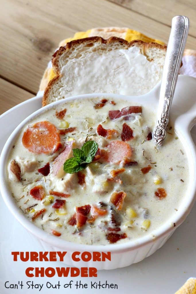 Turkey Corn Chowder | Can't Stay Out of the Kitchen | this fabulous #soup #recipe uses #turkey cutlets, #corn, #carrots, #potatoes & loads of #bacon! Seriously, this is some of the best comfort food you'll eat this winter! All our company raved over this amazing #CornChowder. #TurkeyCornChowder #Fall #FallSoupRecipe #TurkeySoup