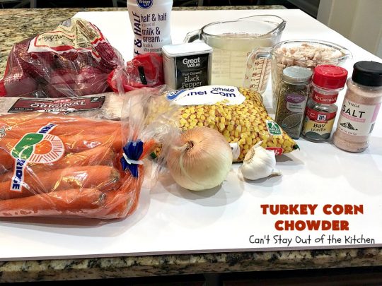 Turkey Corn Chowder | Can't Stay Out of the Kitchen | this fabulous #soup #recipe uses #turkey cutlets, #corn, #carrots, #potatoes & loads of #bacon! Seriously, this is some of the best comfort food you'll eat this winter! All our company raved over this amazing #CornChowder. #TurkeyCornChowder #Fall #FallSoupRecipe #TurkeySoup