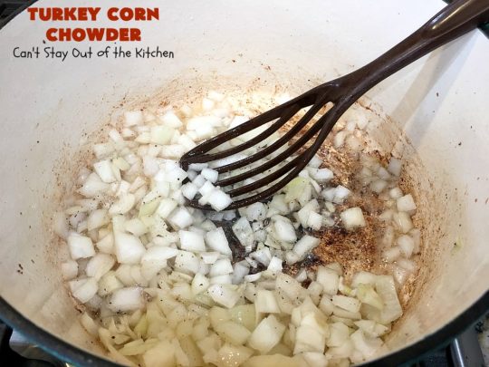 Turkey Corn Chowder | Can't Stay Out of the Kitchen | this fabulous #soup #recipe uses #turkey cutlets, #corn, #carrots, #potatoes & loads of #bacon! Seriously, this is some of the best comfort food you'll eat this winter! All our company raved over this amazing #CornChowder. #TurkeyCornChowder #Fall #FallSoupRecipe #TurkeySoup
