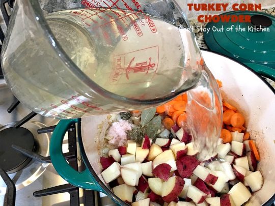 Turkey Corn Chowder | Can't Stay Out of the Kitchen | this fabulous #soup #recipe uses #turkey cutlets, #corn, #carrots, #potatoes & loads of #bacon! Seriously, this is some of the best comfort food you'll eat this winter! All our company raved over this amazing #CornChowder. #TurkeyCornChowder #Fall #FallSoupRecipe #TurkeySoup