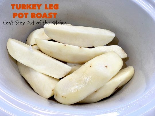 Turkey Leg Pot Roast | Can't Stay Out of the Kitchen | This terrific #PotRoast uses #TurkeyLegs instead of beef! It's #healthy, #LowCalorie & #GlutenFree. So easy to throw together since it's made in the #SlowCooker! #Crockpot #turkey #potatoes #carrots #OnePotMeal #EasyDinnerRecipe #TurkeyLegPotRoast