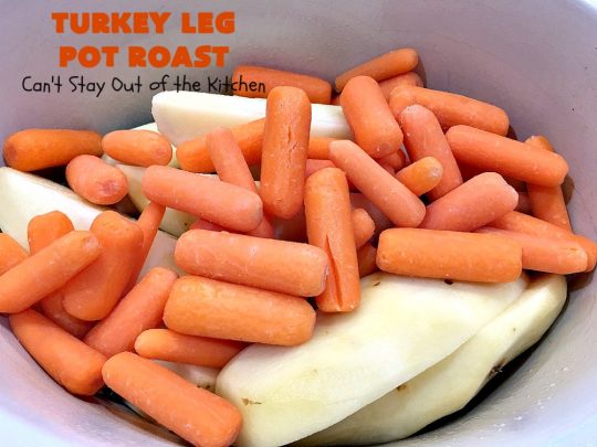 Turkey Leg Pot Roast | Can't Stay Out of the Kitchen | This terrific #PotRoast uses #TurkeyLegs instead of beef! It's #healthy, #LowCalorie & #GlutenFree. So easy to throw together since it's made in the #SlowCooker! #Crockpot #turkey #potatoes #carrots #OnePotMeal #EasyDinnerRecipe #TurkeyLegPotRoast