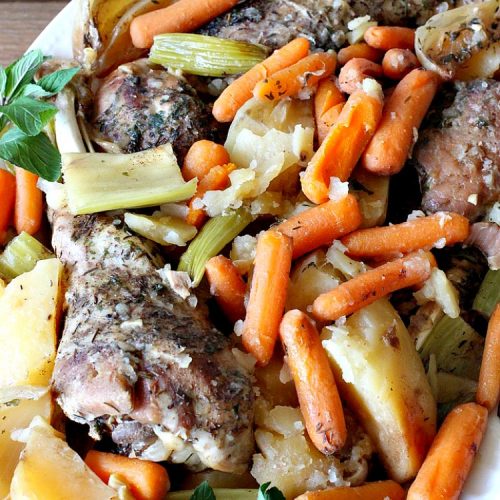 Turkey Leg Pot Roast | Can't Stay Out of the Kitchen | This terrific #PotRoast uses #TurkeyLegs instead of beef! It's #healthy, #LowCalorie & #GlutenFree. So easy to throw together since it's made in the #SlowCooker! #Crockpot #turkey #potatoes #carrots #OnePotMeal #EasyDinnerRecipe #TurkeyLegPotRoast