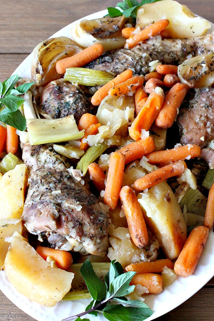 Turkey Leg Pot Roast | Can't Stay Out of the Kitchen | This terrific #PotRoast uses #TurkeyLegs instead of beef! It's #healthy, #LowCalorie & #GlutenFree. So easy to throw together since it's made in the #SlowCooker! #Crockpot #turkey #potatoes #carrots #OnePotMeal #EasyDinnerRecipe #TurkeyLegPotRoast