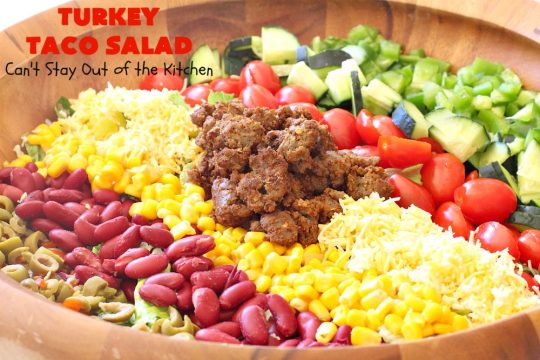 Turkey Taco Salad | Can't Stay Out of the Kitchen | healthier, #LowCalorie version of #TacoSalad. This one uses #TurkeySausage to give it a nice #TexMex kick. Terrific one-dish meal. #GlutenFree #turkey #healthy #TurkeyTacoSalad