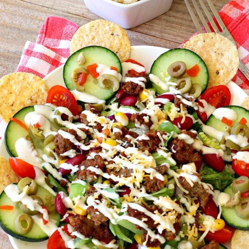 Turkey Taco Salad | Can't Stay Out of the Kitchen | healthier, #LowCalorie version of #TacoSalad. This one uses #TurkeySausage to give it a nice #TexMex kick. Terrific one-dish meal. #GlutenFree #turkey #healthy #TurkeyTacoSalad