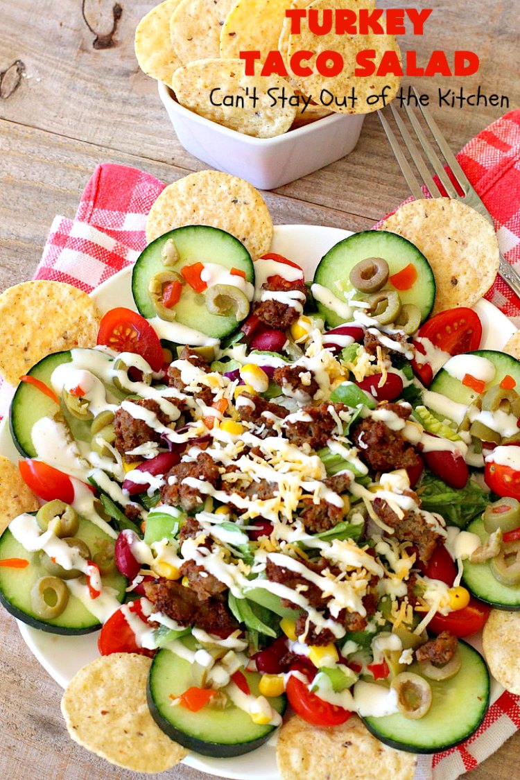 Turkey Taco Salad | Can't Stay Out of the Kitchen | healthier, #LowCalorie version of #TacoSalad. This one uses #TurkeySausage to give it a nice #TexMex kick. Terrific one-dish meal. #GlutenFree #turkey #healthy #TurkeyTacoSalad
