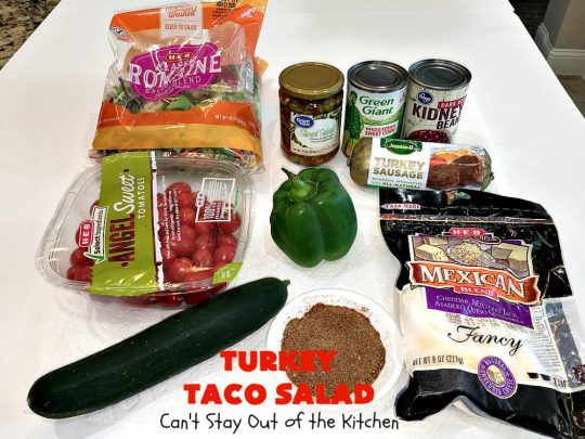 Turkey Taco Salad | Can't Stay Out of the Kitchen | healthier, #LowCalorie version of #TacoSalad. This one uses #TurkeySausage to give it a nice #TexMex kick. Terrific one-dish meal. #GlutenFree #turkey #healthy #TurkeyTacoSalad