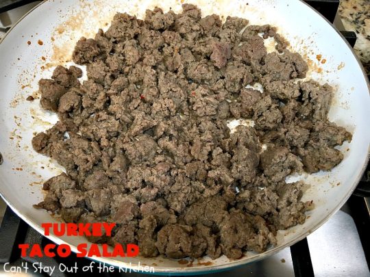 Turkey Taco Salad | Can't Stay Out of the Kitchen | healthier, #LowCalorie version of #TacoSalad. This one uses #TurkeySausage to give it a nice #TexMex kick. Terrific one-dish meal. #GlutenFree #turkey #healthy #TurkeyTacoSalad