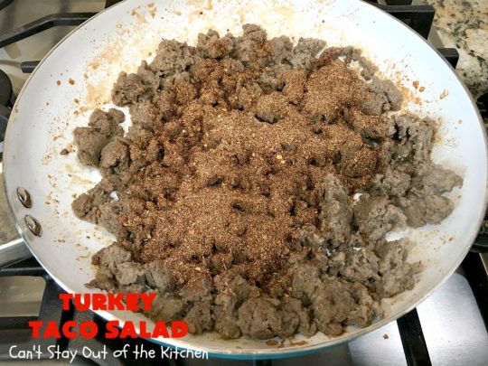 Turkey Taco Salad | Can't Stay Out of the Kitchen | healthier, #LowCalorie version of #TacoSalad. This one uses #TurkeySausage to give it a nice #TexMex kick. Terrific one-dish meal. #GlutenFree #turkey #healthy #TurkeyTacoSalad