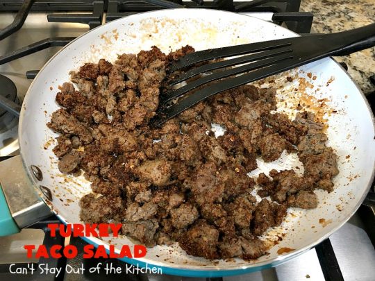 Turkey Taco Salad | Can't Stay Out of the Kitchen | healthier, #LowCalorie version of #TacoSalad. This one uses #TurkeySausage to give it a nice #TexMex kick. Terrific one-dish meal. #GlutenFree #turkey #healthy #TurkeyTacoSalad