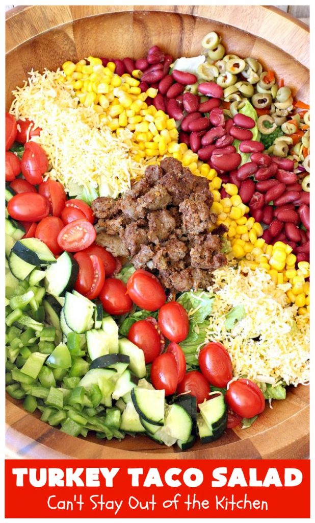 Turkey Taco Salad | Can't Stay Out of the Kitchen | healthier, #LowCalorie version of #TacoSalad. This one uses #TurkeySausage to give it a nice #TexMex kick. Terrific one-dish meal. #GlutenFree #turkey #healthy #TurkeyTacoSalad