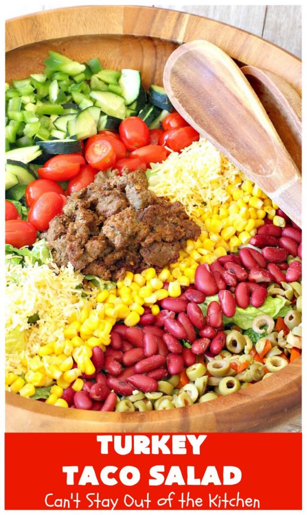 Turkey Taco Salad | Can't Stay Out of the Kitchen | healthier, #LowCalorie version of #TacoSalad. This one uses #TurkeySausage to give it a nice #TexMex kick. Terrific one-dish meal. #GlutenFree #turkey #healthy #TurkeyTacoSalad