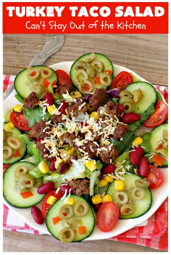Turkey Taco Salad | Can't Stay Out of the Kitchen | healthier, #LowCalorie version of #TacoSalad. This one uses #TurkeySausage to give it a nice #TexMex kick. Terrific one-dish meal. #GlutenFree #turkey #healthy #TurkeyTacoSalad