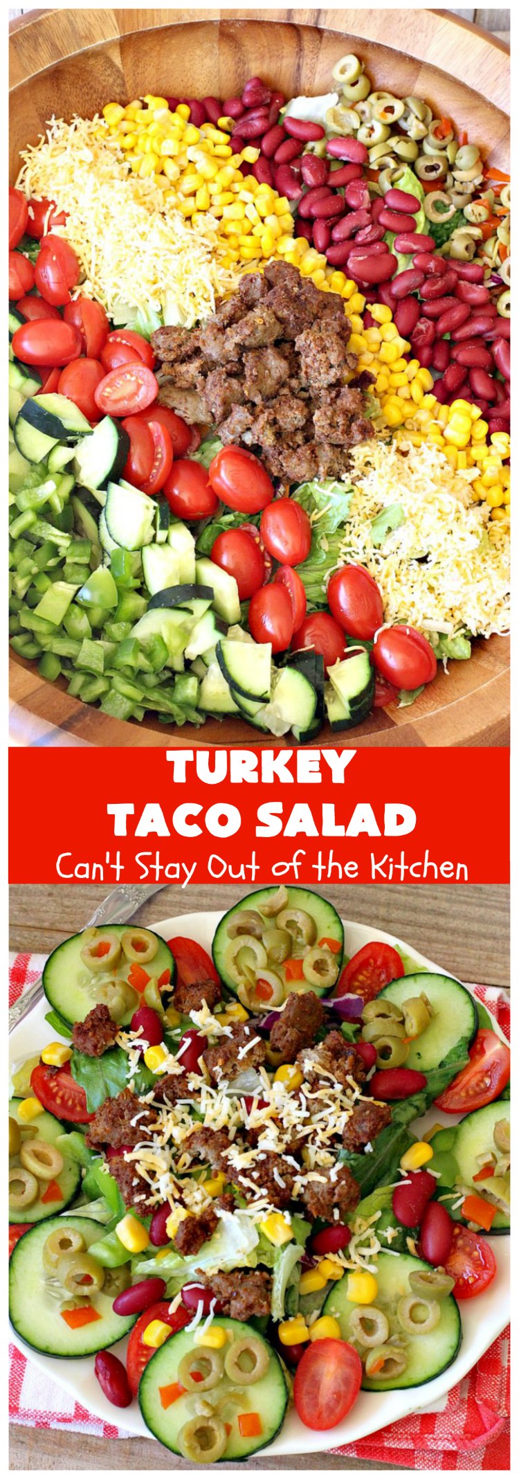 Turkey Taco Salad | Can't Stay Out of the Kitchen | healthier, #LowCalorie version of #TacoSalad. This one uses #TurkeySausage to give it a nice #TexMex kick. Terrific one-dish meal. #GlutenFree #turkey #healthy #TurkeyTacoSalad