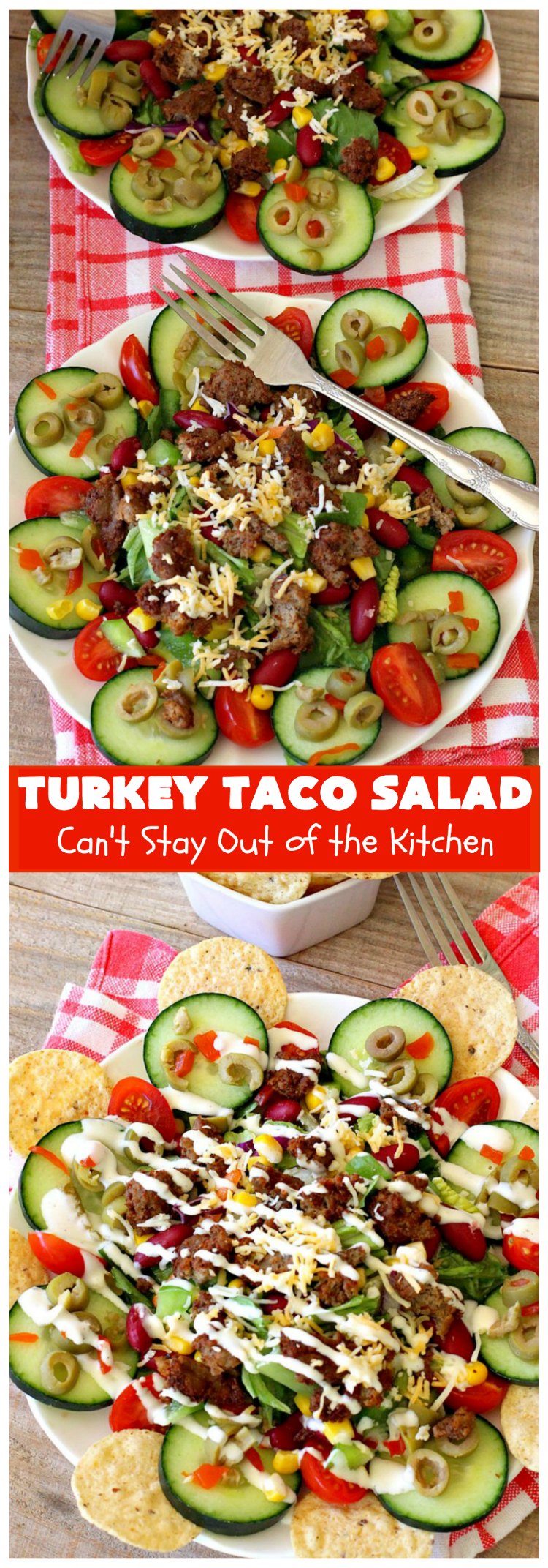 Turkey Taco Salad | Can't Stay Out of the Kitchen | healthier, #LowCalorie version of #TacoSalad. This one uses #TurkeySausage to give it a nice #TexMex kick. Terrific one-dish meal. #GlutenFree #turkey #healthy #TurkeyTacoSalad