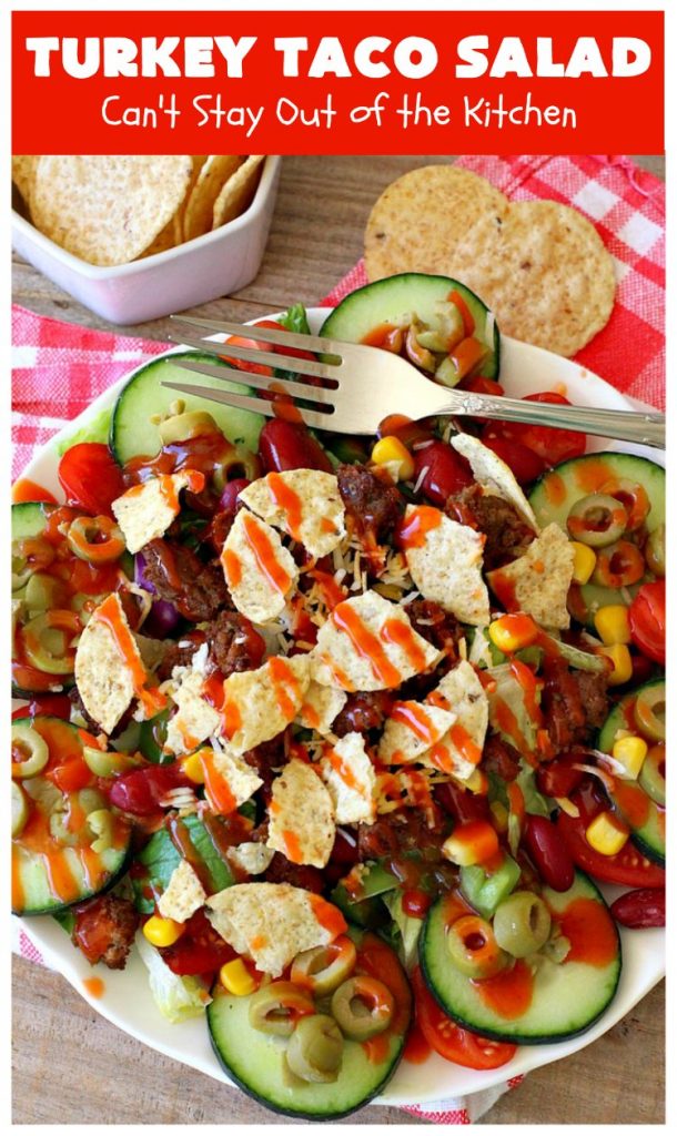 Turkey Taco Salad | Can't Stay Out of the Kitchen | healthier, #LowCalorie version of #TacoSalad. This one uses #TurkeySausage to give it a nice #TexMex kick. Terrific one-dish meal. #GlutenFree #turkey #healthy #TurkeyTacoSalad