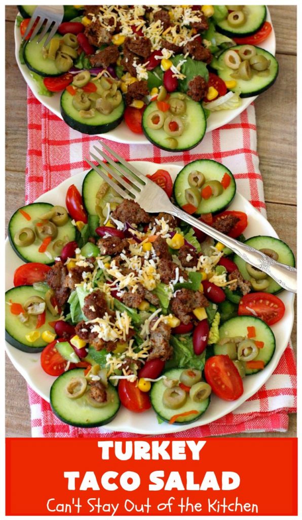 Turkey Taco Salad | Can't Stay Out of the Kitchen | healthier, #LowCalorie version of #TacoSalad. This one uses #TurkeySausage to give it a nice #TexMex kick. Terrific one-dish meal. #GlutenFree #turkey #healthy #TurkeyTacoSalad