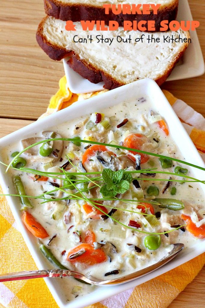 Turkey and Wild Rice Soup | Can't Stay Out of the Kitchen | this fantastic #soup is the perfect comfort food for the cold, dreary nights of winter. It will warm you up and put a smile on your face! #Turkey #TurkeySoup #TurkeyandWildRiceSoup #greenbeans #carrots #peas #WildRice #GlutenFree #mushrooms #Fall #FallSoupRecipe #GlutenFreeSoup #GlutenFreeTurkeySoup 