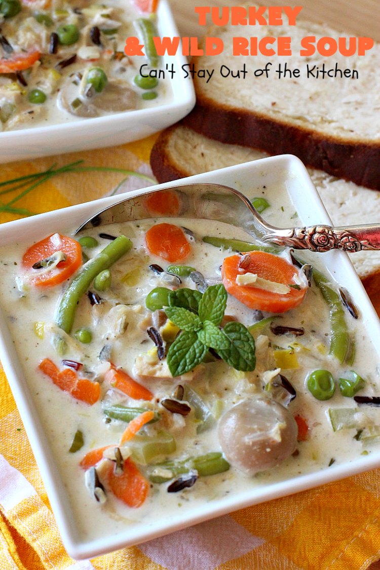 Turkey and Wild Rice Soup | Can't Stay Out of the Kitchen | this fantastic #soup is the perfect comfort food for the cold, dreary nights of winter. It will warm you up and put a smile on your face! #Turkey #TurkeySoup #TurkeyandWildRiceSoup #greenbeans #carrots #peas #WildRice #GlutenFree #mushrooms #Fall #FallSoupRecipe #GlutenFreeSoup #GlutenFreeTurkeySoup