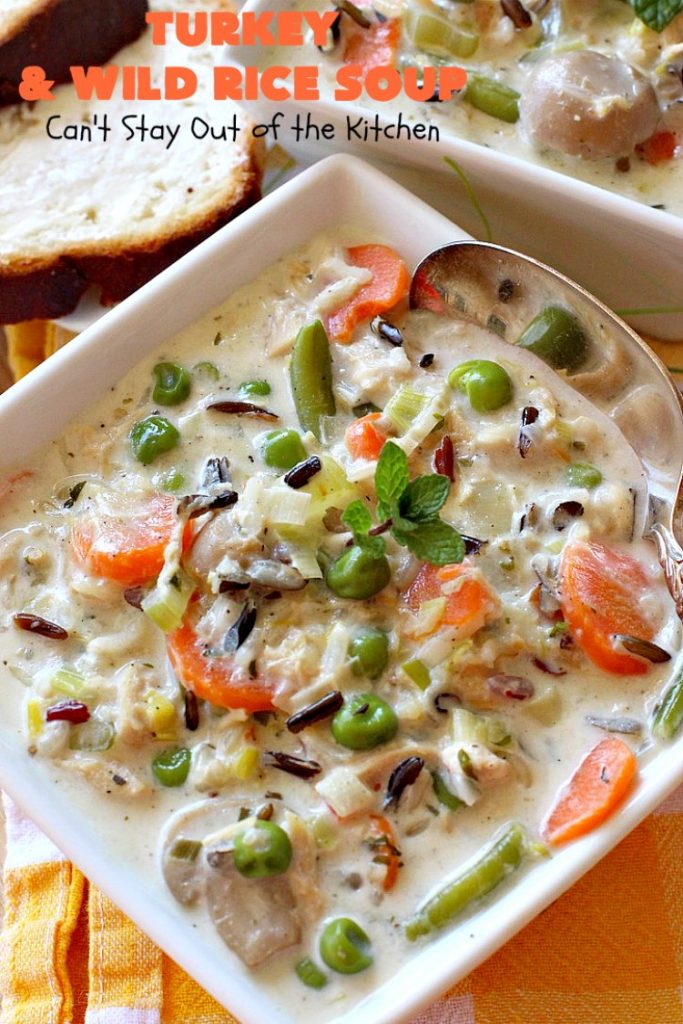 Turkey and Wild Rice Soup | Can't Stay Out of the Kitchen | this fantastic #soup is the perfect comfort food for the cold, dreary nights of winter. It will warm you up and put a smile on your face! #Turkey #TurkeySoup #TurkeyandWildRiceSoup #greenbeans #carrots #peas #WildRice #GlutenFree #mushrooms #Fall #FallSoupRecipe #GlutenFreeSoup #GlutenFreeTurkeySoup