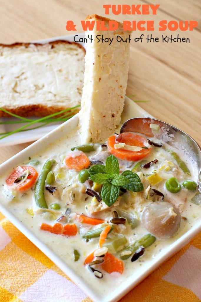 Turkey and Wild Rice Soup | Can't Stay Out of the Kitchen | this fantastic #soup is the perfect comfort food for the cold, dreary nights of winter. It will warm you up and put a smile on your face! #Turkey #TurkeySoup #TurkeyandWildRiceSoup #greenbeans #carrots #peas #WildRice #GlutenFree #mushrooms #Fall #FallSoupRecipe #GlutenFreeSoup #GlutenFreeTurkeySoup 