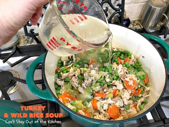 Turkey and Wild Rice Soup | Can't Stay Out of the Kitchen | this fantastic #soup is the perfect comfort food for the cold, dreary nights of winter. It will warm you up and put a smile on your face! #Turkey #TurkeySoup #TurkeyandWildRiceSoup #greenbeans #carrots #peas #WildRice #GlutenFree #mushrooms #Fall #FallSoupRecipe #GlutenFreeSoup #GlutenFreeTurkeySoup 