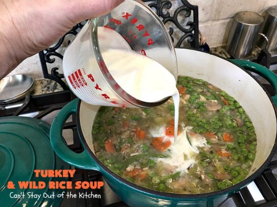Turkey and Wild Rice Soup | Can't Stay Out of the Kitchen | this fantastic #soup is the perfect comfort food for the cold, dreary nights of winter. It will warm you up and put a smile on your face! #Turkey #TurkeySoup #TurkeyandWildRiceSoup #greenbeans #carrots #peas #WildRice #GlutenFree #mushrooms #Fall #FallSoupRecipe #GlutenFreeSoup #GlutenFreeTurkeySoup 