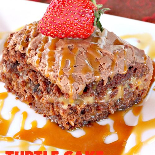 Turtle Cake | Can't Stay Out of the Kitchen | the richest, most decadent & divine #dessert ever! Tastes like eating #TurtleCandies but in #cake form. Uses #chocolate cake mix, #caramels melted with condensed milk, chocolate chips & pecans and topped with a luscious chocolate #marshmallow frosting.