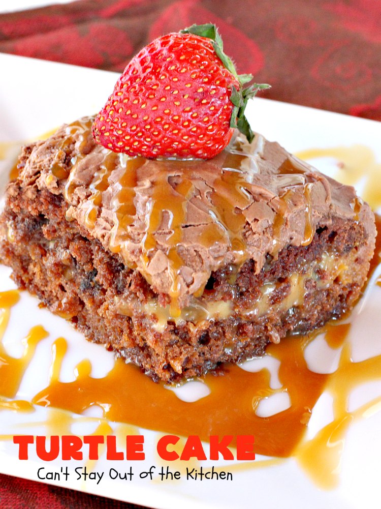 Turtle Cake | Can't Stay Out of the Kitchen | the richest, most decadent & divine #dessert ever! Tastes like eating #TurtleCandies but in #cake form. Uses #chocolate cake mix, #caramels melted with condensed milk, chocolate chips & pecans and topped with a luscious chocolate #marshmallow frosting.