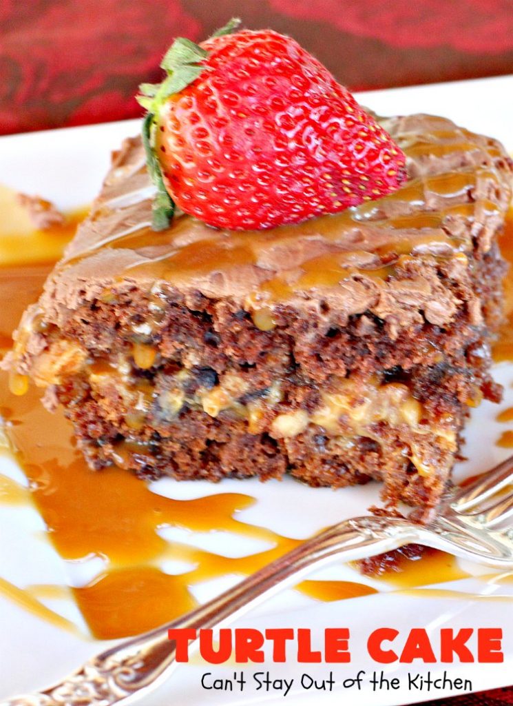 Turtle Cake | Can't Stay Out of the Kitchen | the richest, most decadent & divine #dessert ever! Tastes like eating #TurtleCandies but in #cake form. Uses #chocolate cake mix, #caramels melted with condensed milk, chocolate chips & pecans and topped with a luscious chocolate #marshmallow frosting. 