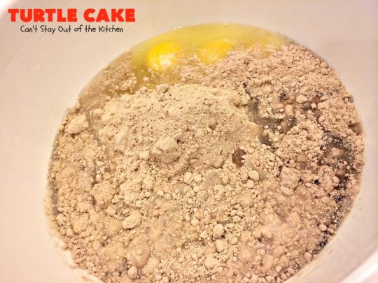 Turtle Cake | Can't Stay Out of the Kitchen | the richest, most decadent & divine #dessert ever! Tastes like eating #TurtleCandies but in #cake form. Uses #chocolate cake mix, #caramels melted with condensed milk, chocolate chips & pecans and topped with a luscious chocolate #marshmallow frosting. 