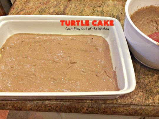 Turtle Cake | Can't Stay Out of the Kitchen | the richest, most decadent & divine #dessert ever! Tastes like eating #TurtleCandies but in #cake form. Uses #chocolate cake mix, #caramels melted with condensed milk, chocolate chips & pecans and topped with a luscious chocolate #marshmallow frosting. 