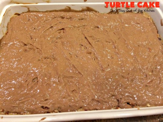 Turtle Cake | Can't Stay Out of the Kitchen | the richest, most decadent & divine #dessert ever! Tastes like eating #TurtleCandies but in #cake form. Uses #chocolate cake mix, #caramels melted with condensed milk, chocolate chips & pecans and topped with a luscious chocolate #marshmallow frosting. 