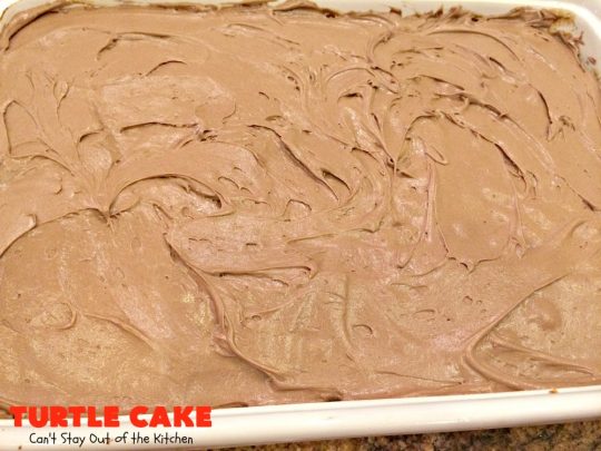 Turtle Cake | Can't Stay Out of the Kitchen | the richest, most decadent & divine #dessert ever! Tastes like eating #TurtleCandies but in #cake form. Uses #chocolate cake mix, #caramels melted with condensed milk, chocolate chips & pecans and topped with a luscious chocolate #marshmallow frosting. 