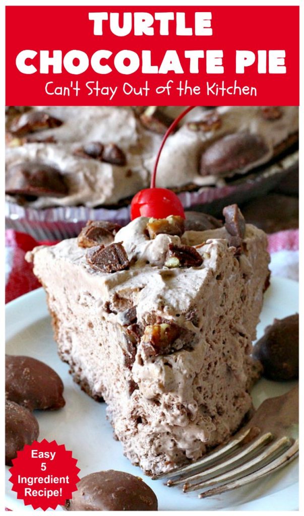 Turtle Chocolate Pie | Can't Stay Out of the Kitchen | this fantastic 5 ingredient #pie is made with #TurtlesCandies! It's outrageously delicious & so perfect for company or #holiday dinners. #chocolate #holiday #ChocolatePie #dessert #ChocolateDessert #HolidayDessert #5IngredientRecipe #TurtleCandy #TurtleChocolatePie #caramel #pecans