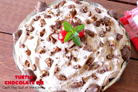 Turtle Chocolate Pie | Can't Stay Out of the Kitchen | this fantastic 5 ingredient #pie is made with #TurtlesCandies! It's outrageously delicious & so perfect for company or #holiday dinners. #chocolate #holiday #ChocolatePie #dessert #ChocolateDessert #HolidayDessert #5IngredientRecipe #TurtleCandy #TurtleChocolatePie #caramel #pecans