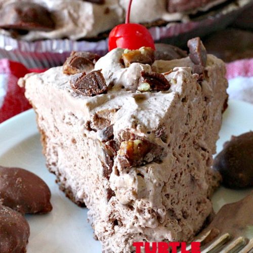 Turtle Chocolate Pie | Can't Stay Out of the Kitchen | this fantastic 5 ingredient #pie is made with #TurtlesCandies! It's outrageously delicious & so perfect for company or #holiday dinners. #chocolate #holiday #ChocolatePie #dessert #ChocolateDessert #HolidayDessert #5IngredientRecipe #TurtleCandy #TurtleChocolatePie #caramel #pecans
